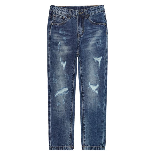 KIDSCOOL SPACE Big Girls Jeans,Elastic Waistband Inside Ripped Holes Soft Simple Desgin Denim Pants,Light Blue,8