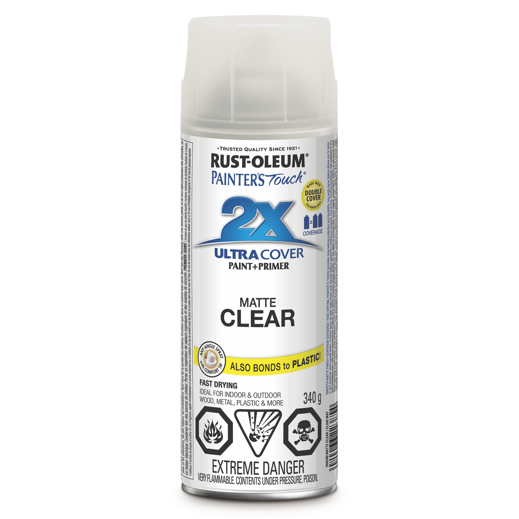 Peinture et apprêt polyvalents Rust-Oleum Painter's Touch 2X pour intérieur/extérieur, finition mate plate claire, bombe de 340g