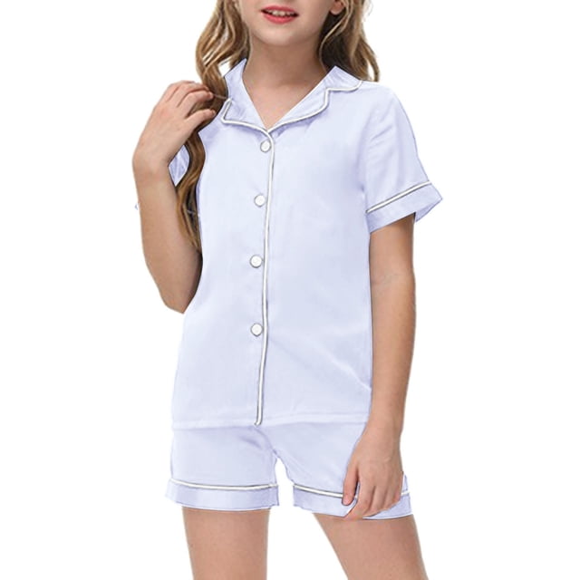 WEIYLL Ensemble de Pyjama pour Filles Été Couleur Unie Manches Courtes Col Rabattu en Soie Bouton Classique 2 Pcs 2-3 Ans