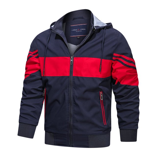 Qertyioot Men's Contrasting Color Hooded Zipper Casual Warm Windproof Pocket Motorcycle Jacket