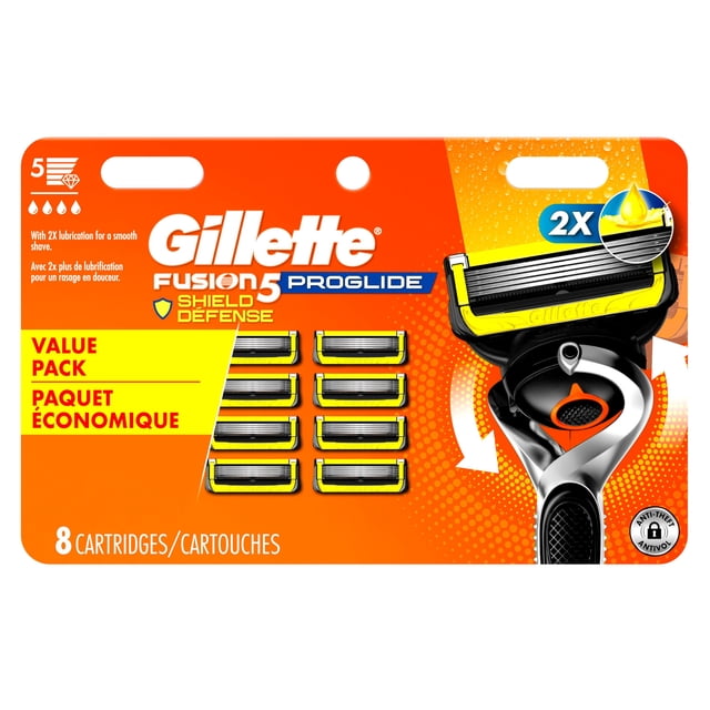 Gillette Fusion5 ProGlide Shield Razor Refills for Men, 8-pack value cartridges with 2x lubrication strips for smooth, irritation-free shave, featuring 5 ultrasharp blades and precision trimmer for detailed grooming, compatible with all Gillette 5-blade razor handles, shown in orange and yellow packaging with anti-theft label.
