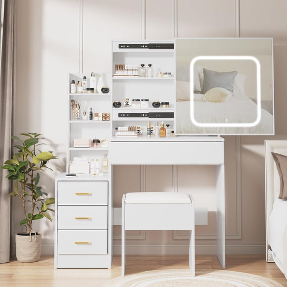 TROPOW Coiffeuse, Coiffeuse de Maquillage, avec Miroir et Lumières, Commode de Chambre avec Prise Électrique Armoire de Rangement à 4 Tiroirs Commode avec Miroir Coulissant et Ensemble de Commode Éclairée avec Tabouret