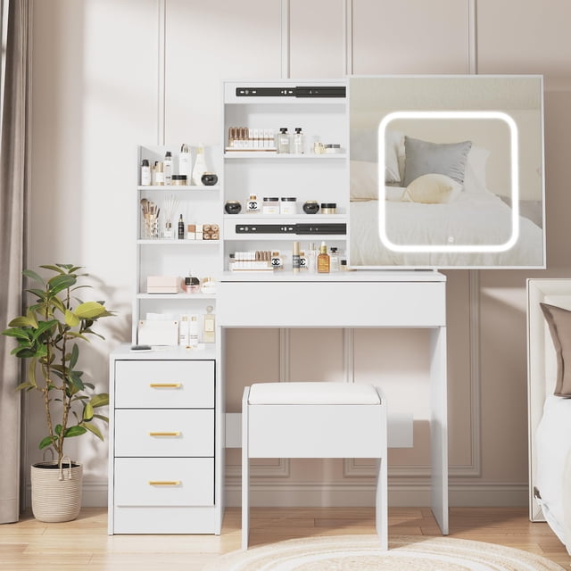TROPOW Vanity Desk, a modern makeup vanity set featuring a sliding mirror with touch-sensitive LED lighting, four spacious drawers, and open display shelves. Includes a built-in charging hub with two AC outlets and two USB ports. The set comes with a plush stool upholstered in premium PU leather. Made of durable MDF with a smooth, easy-to-clean surface. Ideal for organizing beauty products and accessories in bedrooms or dressing areas.