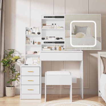 TROPOW Vanity Desk,Makeup Vanity,with Mirror and Lights,Bedroom Dresser with Electrical Outlet 4 Drawer Storage Cabinet Dresser with Sliding Mirror and Lighting Dresser Set with Stool