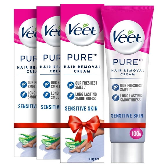 Veet Crème Pure d'Épilation pour Femmes Sans Odeur d'Ammoniaque, Peau Sensible - 100 g (Lot de 3) / Convient aux Jambes, Aisselles, Ligne de Bikini, Bras / Smo 2x Plus Longue Durée