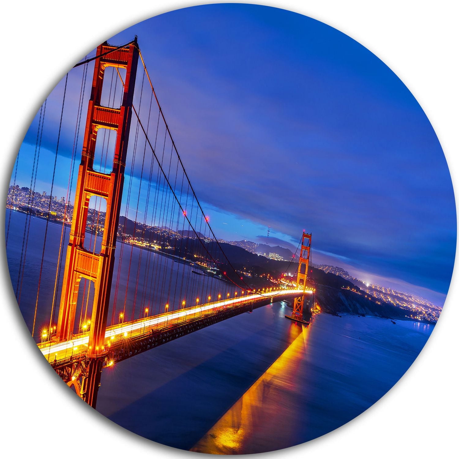 Design Art Golden Gate in Blue Background' Ultra Glossy Sea Bridge Metal Circle Wall Art