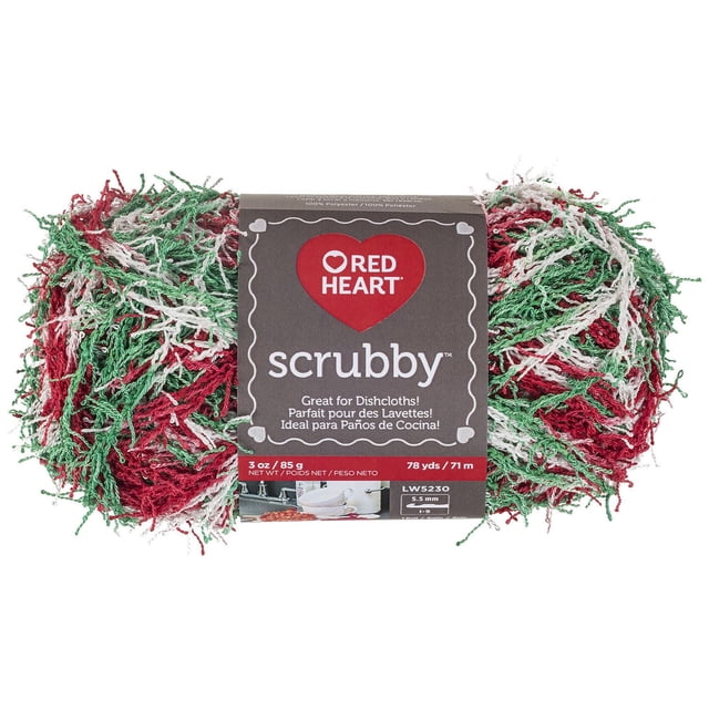 Red Heart® Scrubby™ Fil, 3 oz (85 g) Fil de polyester de Poids Moyen avec Brins Texturés Rouges, Verts et Blancs, Conçu pour des Lavettes en Tricot Ou au crochet et des Débarbouillettes avec Caractéristiques de Séchage Rapide et d'Exfoliation, Montrant l'Étiquette de Marque.