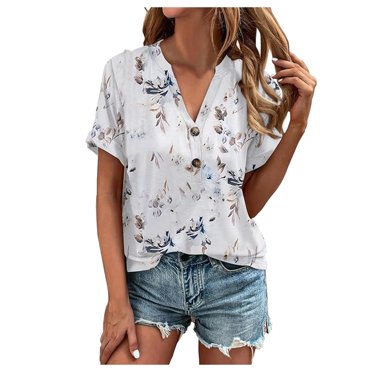 TSADFHJI Womens Shirts Cotton Women's Fashion Spring and Summer Printed V Neck Short Sleeve Button Casual T Shirt Top (2) Xl White