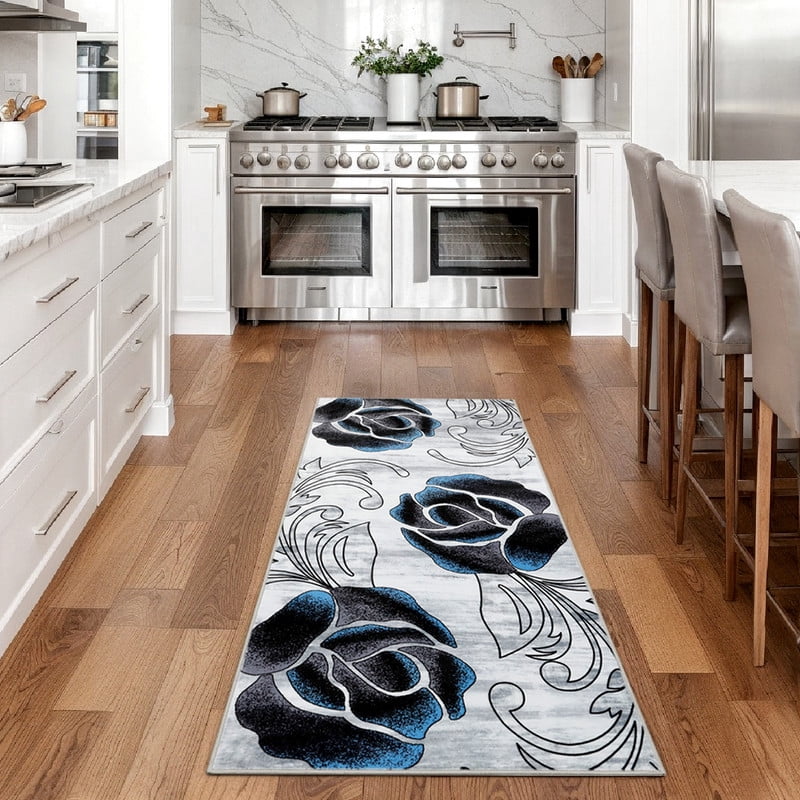 Marina Decoration Décor Tapis de Couloir de Luxe Antidérapant en Caoutchouc, Design Floral Rose Noir Bleu, 26 x 60 Pouces