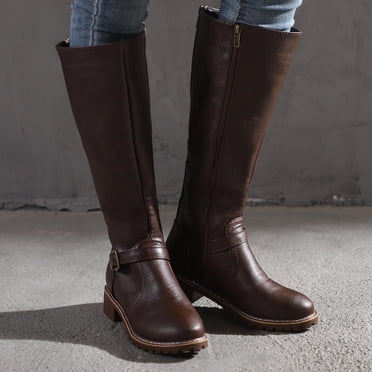 Bescita Bottes pour Femmes Chaussures Rétro Décontractées Bottes Épaisses à Talons Bas Grande Taille Mi-Mollet Bottes à Fermeture Éclair