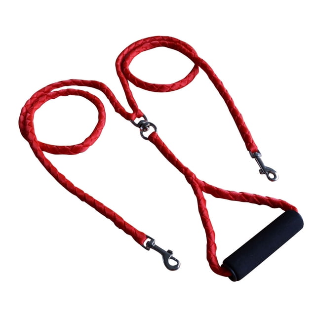 Dual Double Dog Leash No with Handle for Two Small Medium Dogs in red, made of durable nylon with a tangle-free design. Features a foam handle for comfortable grip and two sturdy clasps for secure attachment. Suitable for walking, training, or hiking with two dogs.
