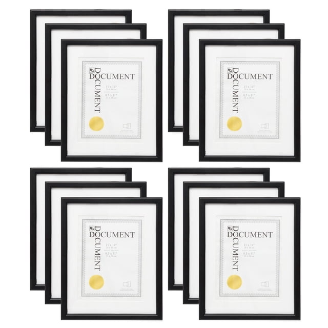 Kiera Grace Caspian Cadre 11 Pouces x 14 Pouces, Lot de 12 Comprenant Douze Cadres Rectangulaires Noirs au Profil Traditionnel et à la Finition Lisse, Chacun Tenant des documents Ou des photos de 11 par 14 Pouces avec un Passe-Partout Blanc, Disposés en Quatre Groupes de Trois sur un Fond Blanc, Idéal pour la Déco de la Maison et l'Exposition de Certificats.