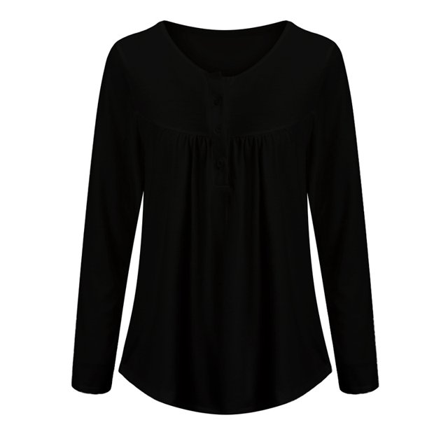 DYMADE Women's Solid Henley V-Neck Blouse Pleated Button Tunic Shirt Top