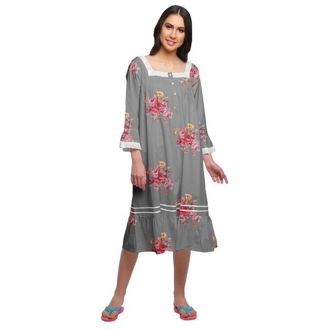 Moomaya Robe de Nuit en Coton à Manches Longues à Encolure Carrée Imprimée pour Femmes