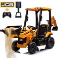 thumbnail image 1 of 12V Kids Ride on Excavator Digger Toy Cars, JCB Battery Powered Electric Tractor with Remote Control, Ride on Construction Truck w/Adjustable Front/ Back Loader and Shovel for 3-6 Boys Girls, Yellow, 1 of 8
