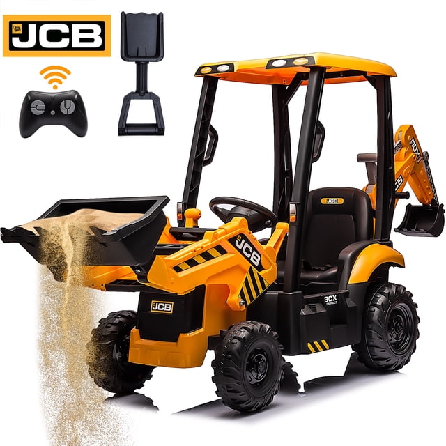 12V Kids Ride on Excavator Digger Toy Cars, JCB battery-powered electric tractor in yellow with a front bucket and rear digging arm. This ride-on construction truck features a canopy, adjustable seat orientation, 2.4G wireless remote control, and four wear-resistant tires. Designed for children aged 3-6, it includes a shovel, remote control, and charger. The front loader is shown lifting sand, showcasing its functionality as a versatile ride-on toy.