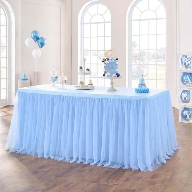 EGNMCR Home Decor, White Tulles Table Skirt Recyclable Extra Long Transparent Tablecloth Ruffled Tulles Table Skirt Suitable For Wedding Birthday Banquet Table Decoration Polyester tables skirt