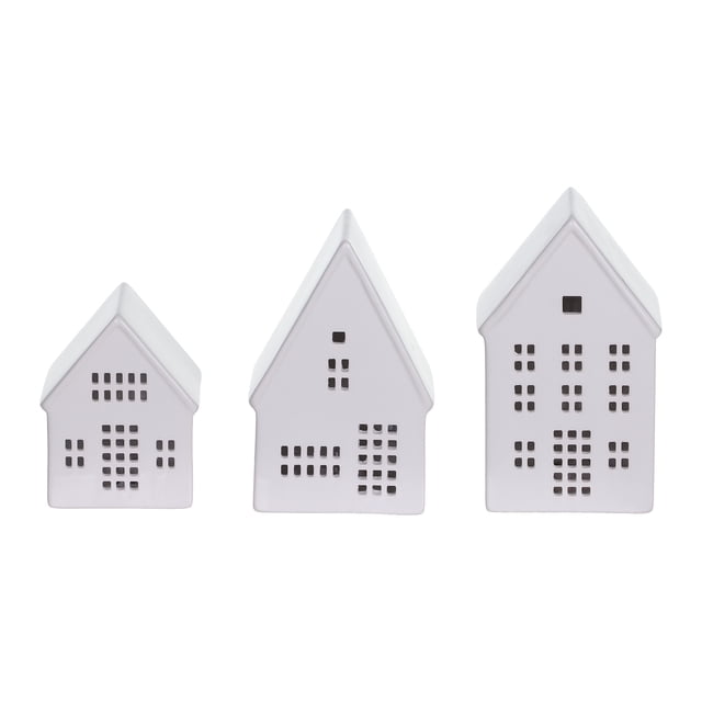 HOLIDAY TIME Lighted Ceramic House Set of 3, 4.1/5.6/6 IN, 90% Ceramic Warm LED Christmas Tabletop Decor