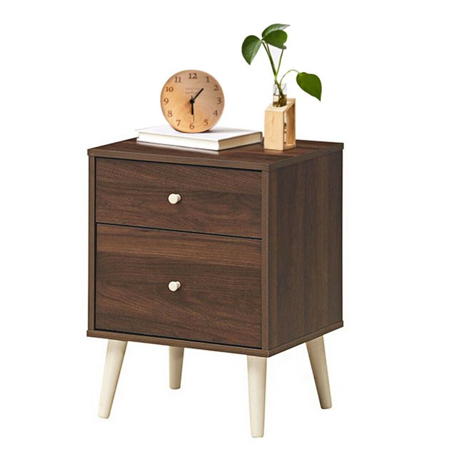 Gymax Nightstand 2-Drawer Beside End Side Table w/Rubber Legs Walnut Finish