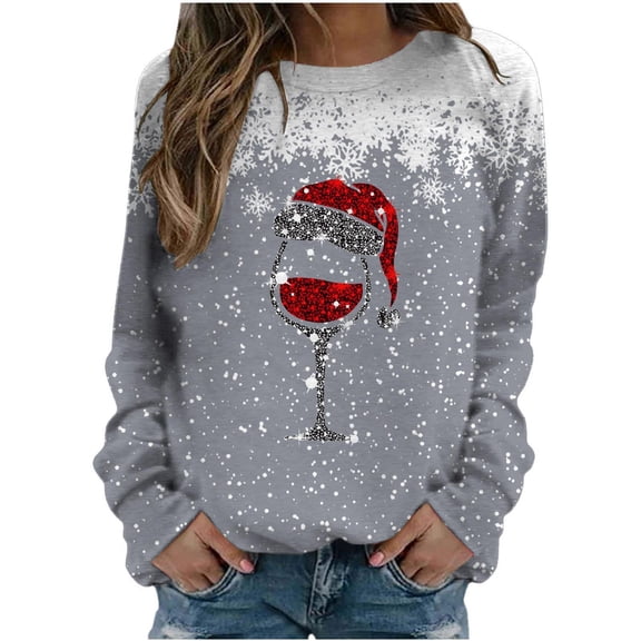 lcziwo Chandail pour Femmes Doux Surdimensionné Décontracté Chandails de Noël Verres de Vin Rouge Graphique Léger Tendance Chandail à Enfiler Col Rond Automne Hiver Chandails pour Femmes Hauts Gris,TG