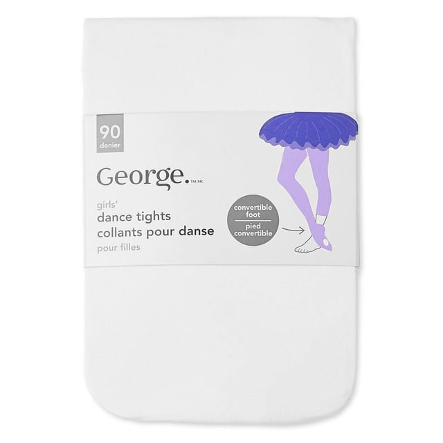 George girls' dance tight in white with 90 denier nylon-spandex blend fabric, featuring a convertible foot and elasticized waistband, shown in flat packaging with a purple tutu illustration, suitable for dance class or performance.