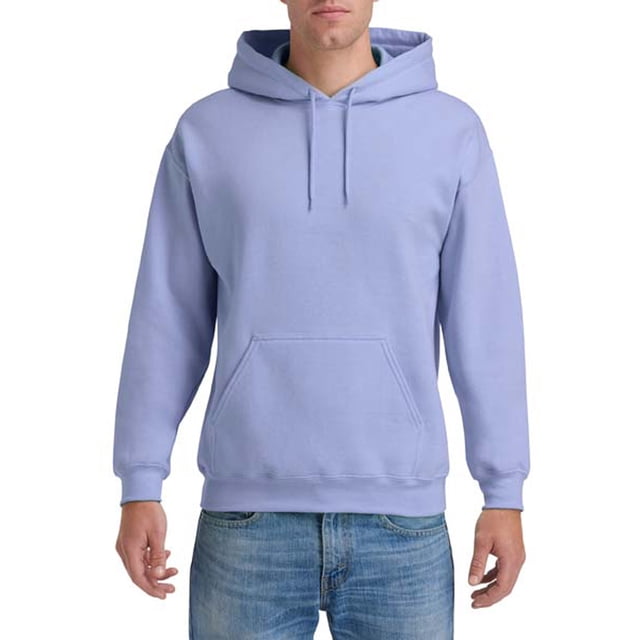Gildan Mens Heavy Blend Hooded Sweatshirt in violet, size M. A men's hoodie featuring a classic design with a front kangaroo pocket, adjustable drawstring hood, and ribbed cuffs and hem. Made from a durable and soft fabric blend, ideal for casual wear.