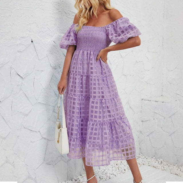 Gspmoly Robes pour Femmes Grande Taille, Robe à Épaules Dénudées à Manches Courtes Plissée à Taille Haute pour Femmes, Offres de Robes de Mariage pour Femmes