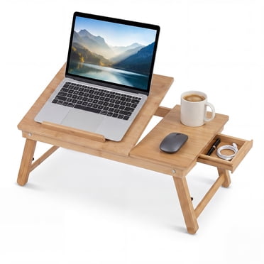 Gymax Bureau d'Ordinateur Portable en Bambou Ajustable, Plateau de Lit Pliable avec Dessus Inclinable et Pieds Ajustables