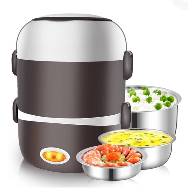 Amdohai Electric Lunch Box with three layers, made of stainless steel, shown in coffee color. This plug-in electric heating lunch box is ideal for office workers, featuring thermal insulation and a three-dimensional circulation steam system. Accompanying the lunch box are stainless steel inner liners containing rice with peas, steamed egg, and shrimp with vegetables, highlighting its functionality for heating and cooking meals.