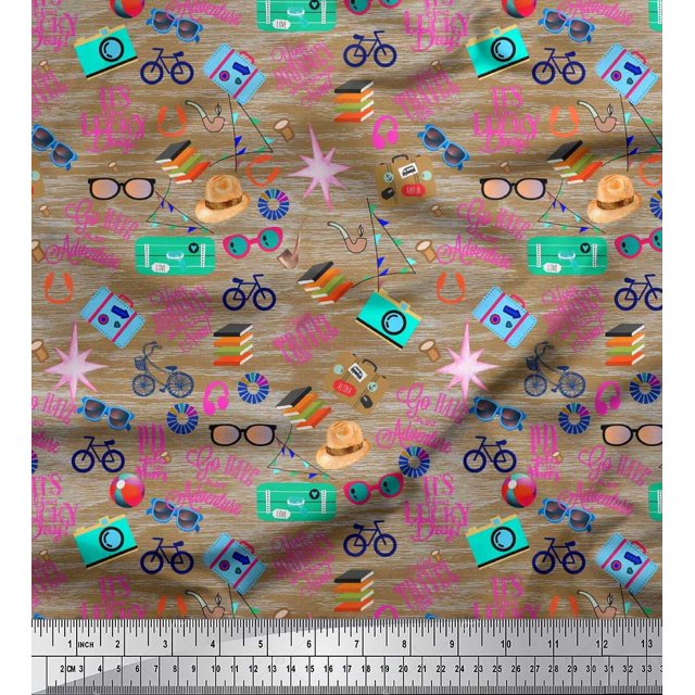 Soimoi Polyester Crepe Fabric Camera,Hat & Briefcase Travel Decor Fabric Printed Yard 52 Inch Wide