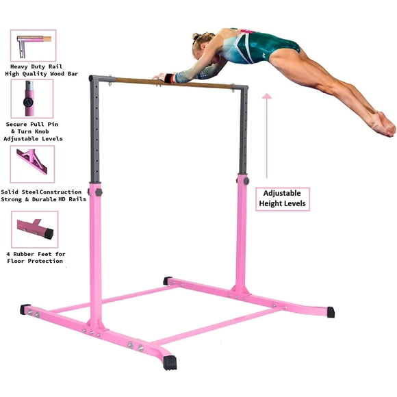 GymPro Gymnastics Bar Kip Bar for Kids, Adjustable Height 3 to 5 FT, Professional Junior Gymnastic Bar for Home, Athletic Horizontal Training Bar for Gymnasts, Expandable for Children and Adults, Pink