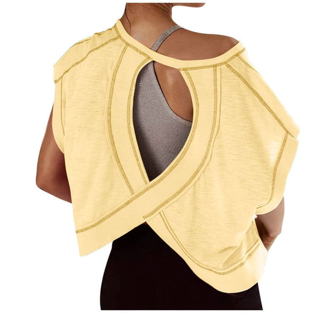Amzcrzy Hauts pour Femmes Tendance Couleur Unie Hauts de Printemps Été pour Femmes Décontractés Manches Courtes Col Rond T-Shirts Dos Découpé Confortables Hauts de Sortie