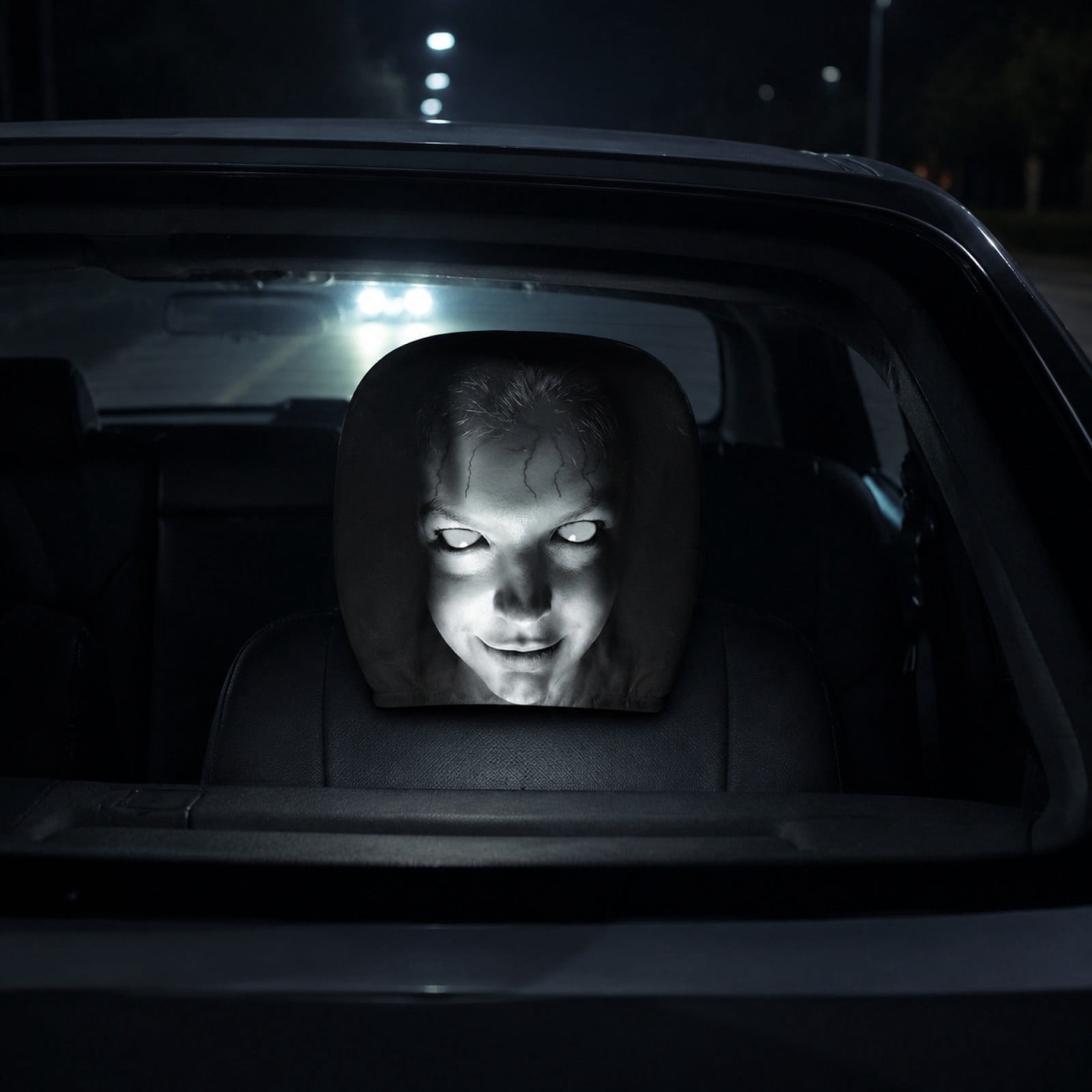 ZZkhGO Creepy Horror Print Car Headrest Cover, Soft Polyester Stretchable Seat Protector with Funny Face Design, Spooky Halloween Auto Accessory for Vehicle Seat