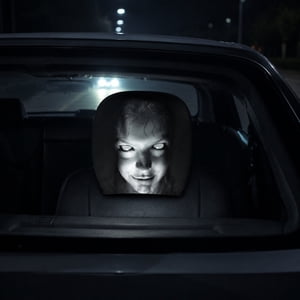 ZZkhGO Creepy Horror Print Car Headrest Cover, Soft Polyester Stretchable Seat Protector with Funny Face Design, Spooky Halloween Auto Accessory for Vehicle Seat