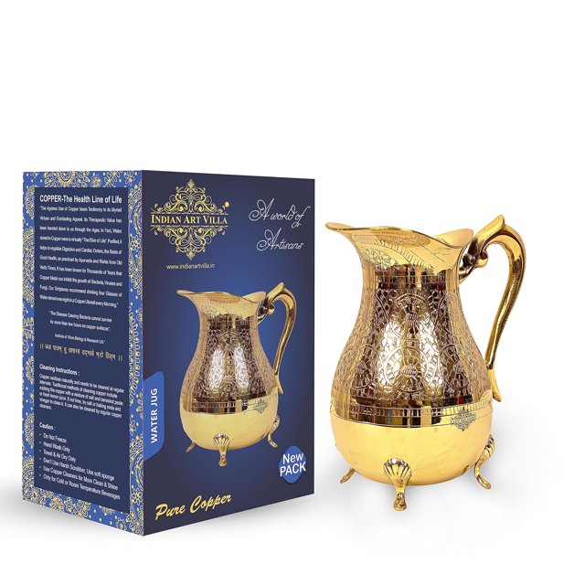 Designer Brass Antique Design Jug Pitcher With Legs - 1.75 Liters, Gold | Drinkware & Tableware, Jug For Serving & Drinking Water - Hand Made, Easy To Carry, Easy To Clean