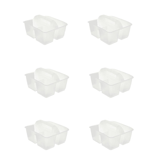 Storex Small Rectangular Plastic Caddy, Desktop Craft and Hobby Organizer, 8.75’’ x 7.67’’ x 4.44’’, Clear. Clear rectangular plastic caddy with three compartments (one large interior 8" x 3.5" x 3.75", two small 3.5" x 3.5" x 3.75"), rounded comfort-grip handle, stackable; suitable as a school supply caddy and for storing classroom craft tools.