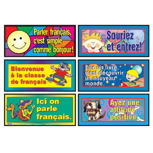 Ensemble d'Affiches Variées Françaises de six Affiches Illustrées de 18 X 8 Pouces Chacune, Présentant des phrases Françaises Colorées avec des Personnages de Dessin Animé Incluant un Visage Souriant, un Enfant, un Planchiste, un Lecteur, un crocodile et un Chien, Convenant à l'Art Mural pour la Déco de la Maison Ou comme Cadre de Classe.