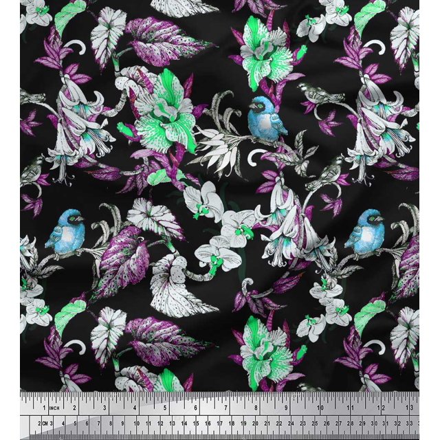 Soimoi Green Polyester Crepe Fabric Bird,Leaves & Orchids Flower Printed Fabric 1 Yard 42 Inch Wide