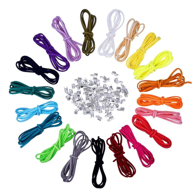 KAKOWELY 20Pcs Multicolor 3mm Faux Leather Cord Suede Lace with 100pcs Silver Cord Ends for DIY Bracelets Necklace Making Cord String Rope(Random Color),39.37"X0.12"X0.06"