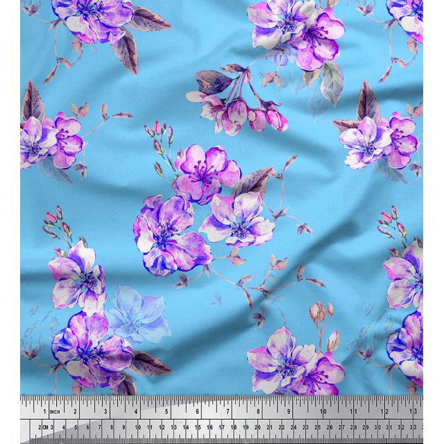 Soimoi Blue polyester Crepe Fabric Leaves & Flower Floral Print Sewing Fabric Yard 52 Inch Wide