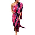 thumbnail image 2 of LOVZFMLL Robe d'Été pour Femme, Aguichant, à une Épaule, Imprimée, Ample, à Manches, Ourlet Fendu à Moitié, Rose Vif, 2TG, 2 of 5