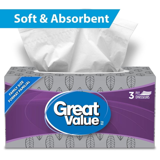 Great Value, Facial Tissues, 1 flat box with 154 white 3-ply tissues, in a gray box with leaf patterns and a purple band featuring the Great Value logo, family size, soft and absorbent for everyday household use.