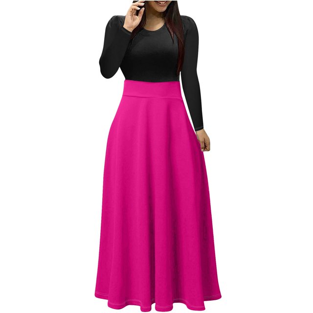 Robes Semi-Formelles pour Femmes Robe Maxi pour Femmes Unie à Manches Longues à Col Rond à Enfiler Robe Patchwork Robe de Sport S-77 Rose Vif-A TG