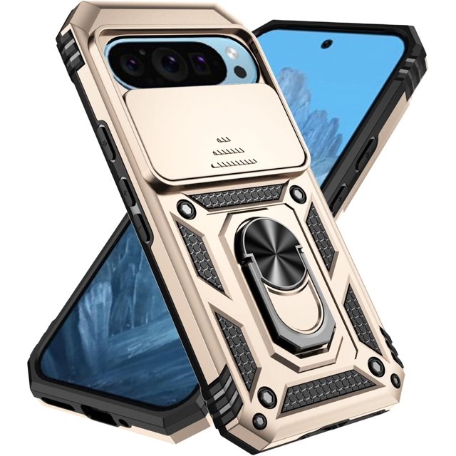 KOMI Designed for Google Pixel 9 Pro, Military-Grade Drop-Proof Case with Sliding Camera Cover and Ring Kickstand, Heavy Duty Shockproof Full Body Protective Phone Case, Gold