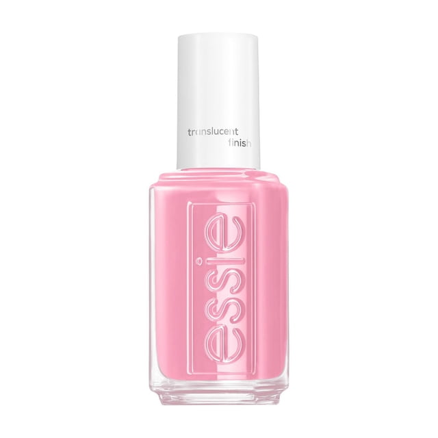 essie expessie quick-dry nail polish in translucent jelly pink with cream finish, in a clear rectangular glass bottle with embossed essie logo and white cap marked translucent finish, designed for fast drying and easy application