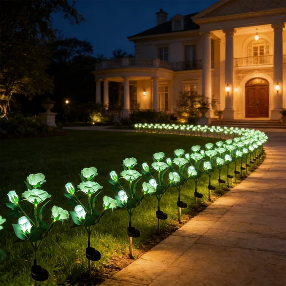 Solar-Powered LED Rose Ground Lights for Outdoor Garden Yard Pathway, Multi-Color String Lights with Stake, Weatherproof ABS Rubber, 1 Pack