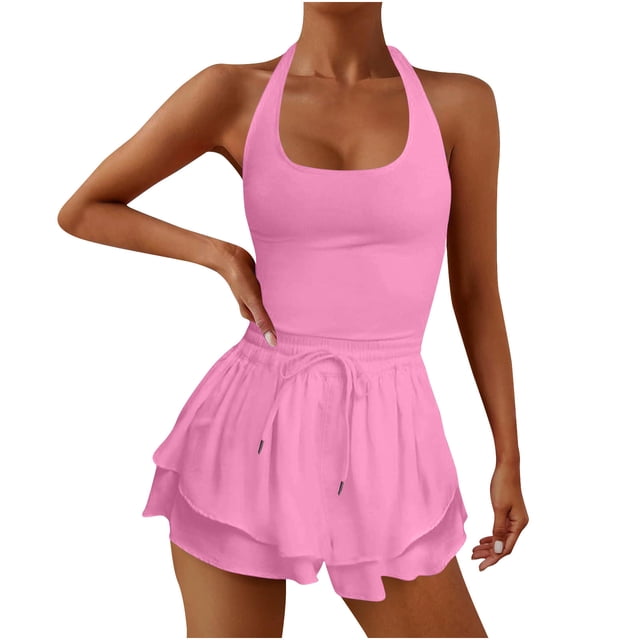 Kaemgyyd Womens Workout Rompers Stretchy Sleeveless Athletic Running One-Piece Outfit Fashion Drawstring Halter Gym Yoga Jumpsuits