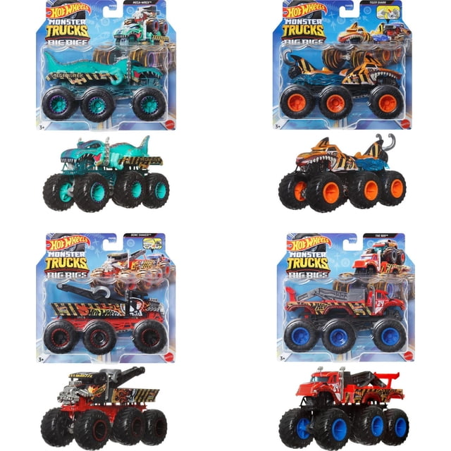 Hot Wheels Camions Monstres Grandes Montages, Camions Jouets Moulés sous Pression à l'Échelle 1:64 avec six Grandes Roues, Présentant Quatre styles : Megawrex Sarcelle et Noir avec Jantes Violettes, Requin Tigre orange et Noir avec Jantes orange, Os Shaker Rouge et Noir avec Décalcomanies Flamme et Jantes Rouges, et Rouge et Noir le 909 avec Jantes Bleues et Crochet de Remorquage, Chacun Conçu pour Transporter des Camions Monstres Supplémentaires à l'Échelle 1:64.