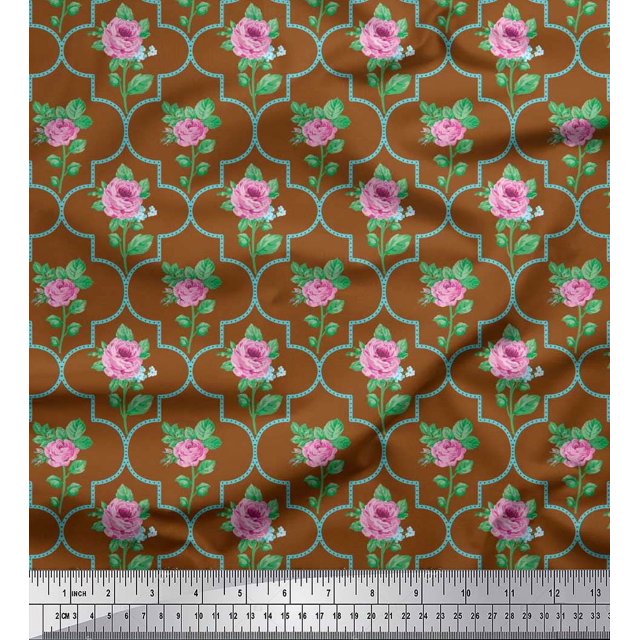 Soimoi polyester Crepe Fabric Quatrefoil Design,Leaves & Rose Floral Printed Fabric 1 Yard 42 Inch Wide