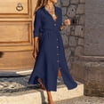 thumbnail image 1 of Robe de Collation des Grades pour Femme, Couleur Unie, à Simple Boutonnage, Col à Revers, Robe Chemise à Cordon, Robe en Coton et Lin, Robes T-Shirt en Liquidation, 1 of 9